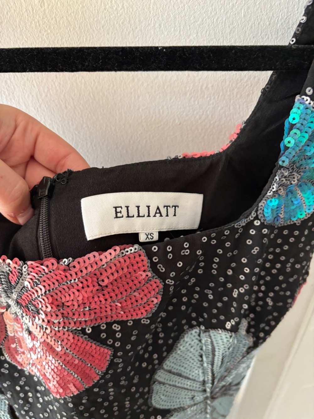 Elliatt Lou Dress | Black Sequin Floral Mini Dress with Pink and Teal Flowers - Picture 4 of 4